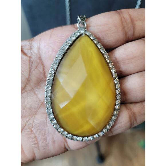 Long Silver Chain Necklace Yellow Teardrop Pendant Crystal Rhinestone Jewelry - Picture 4 of 6